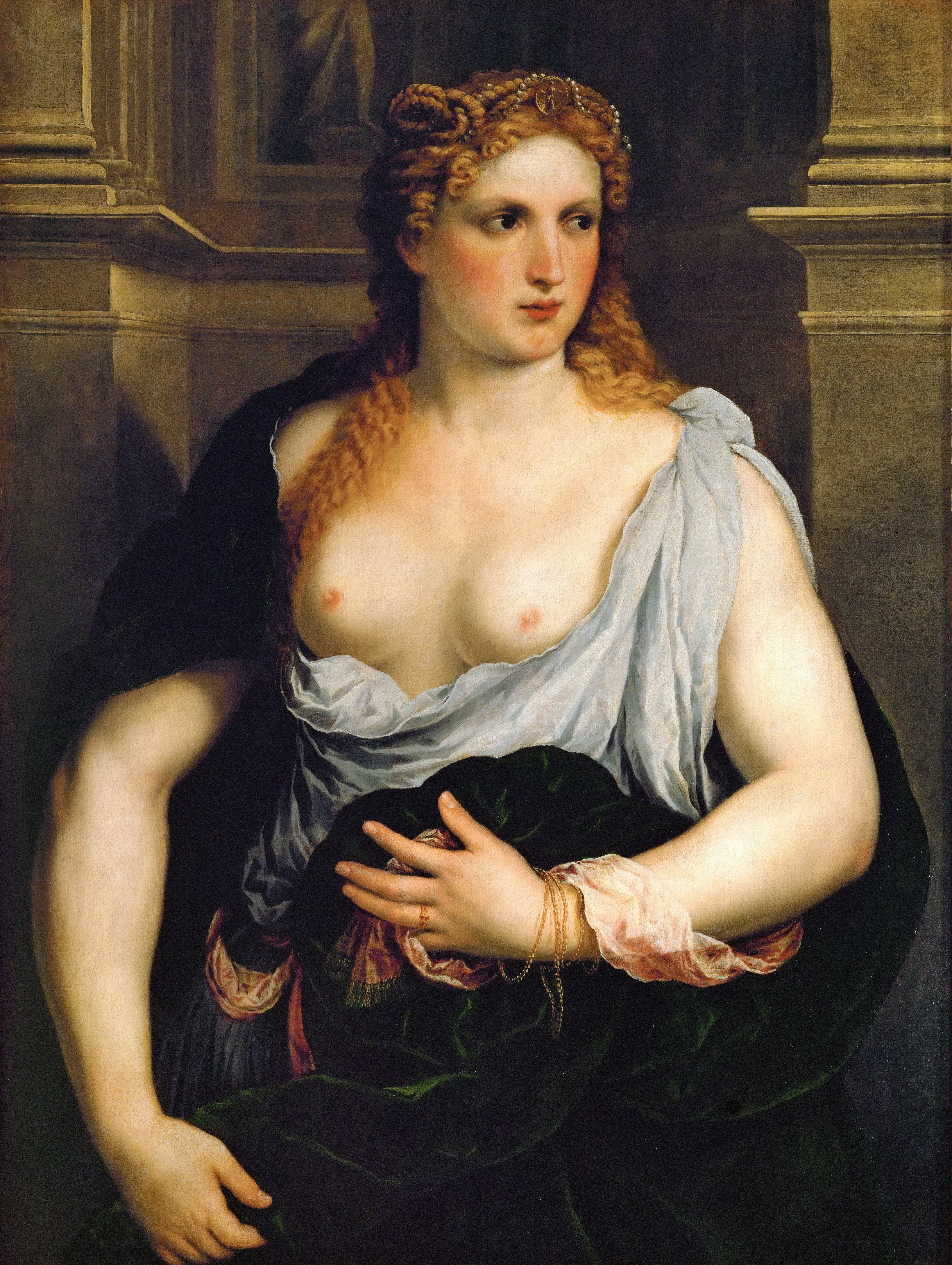 A Lady in a Green Robe, with Bare Breasts